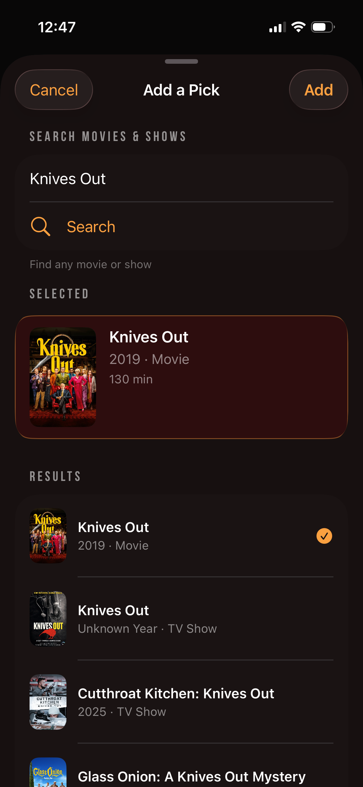 Add a Pick screen